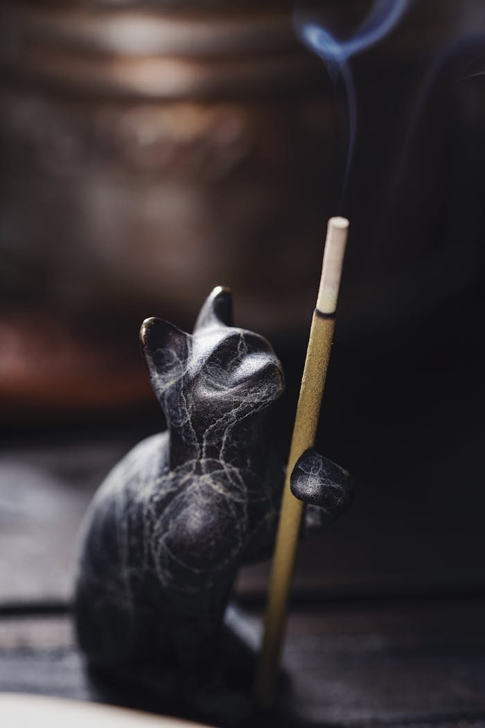 Detailed close-up of a cat figurine holding a burning incense stick, emitting a gentle smoke trail.